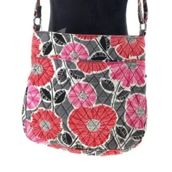 Vera Bradley Cherry Blossoms Triple Zipper Crossbody Pink Gray 2009 Retired - Picture 3 of 7